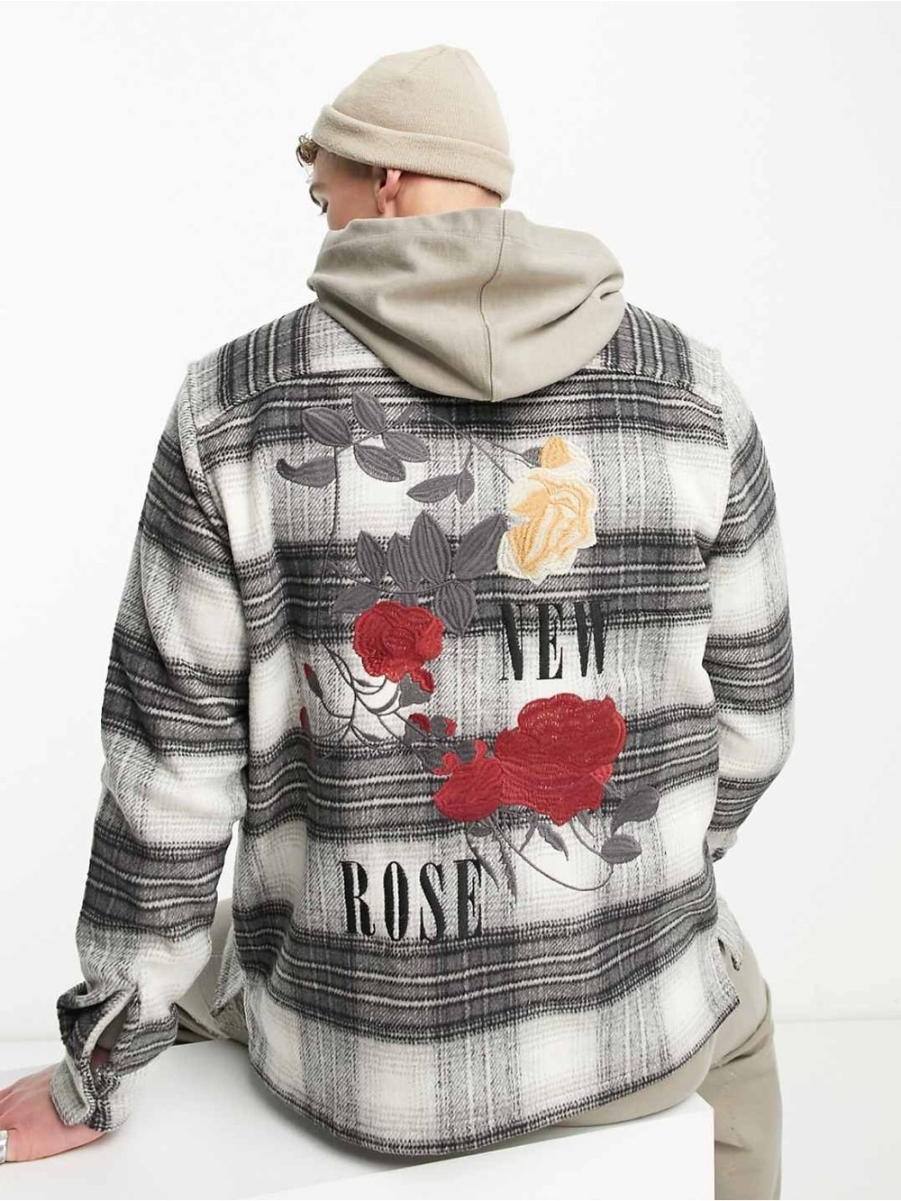 AllSaints Men’s Large Plaid Shirt Jacket Black White Embroidery Red Yellow Rose